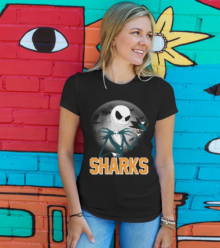 Jack Skellington San Jose Sharks Halloween Moon Background T-Shirt