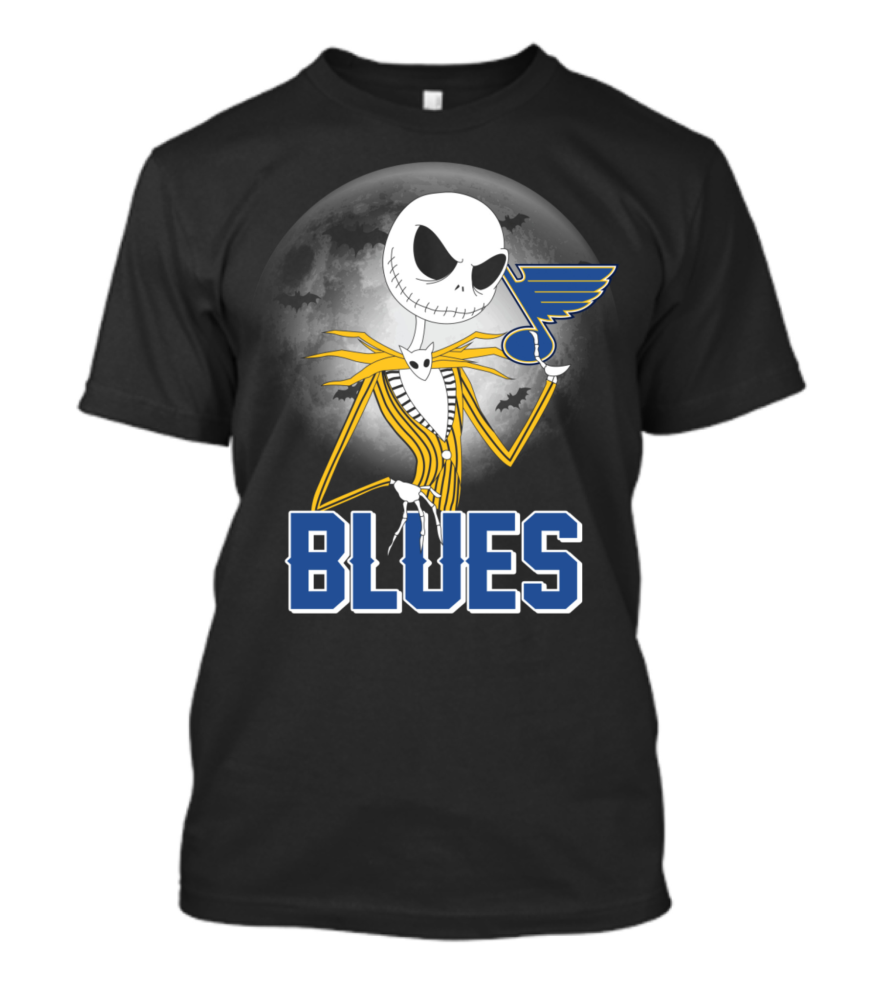 Jack Skellington Holding St. Louis Blues Logo With Halloween Moon Background T-Shirt