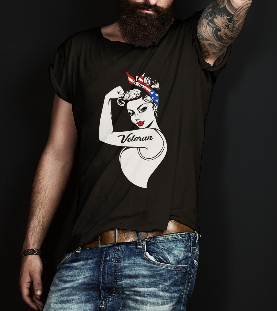 Veteran Strong Woman With Patriotic Headband Rosie The Riveter Style T-Shirt