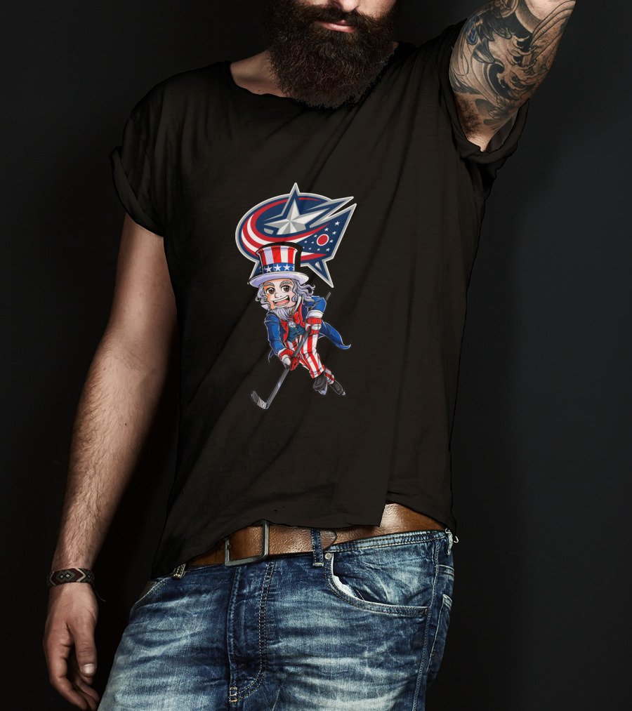 Uncle Sam Playing Hockey With Columbus Blue Jackets For 4Th Of July T-Shirt