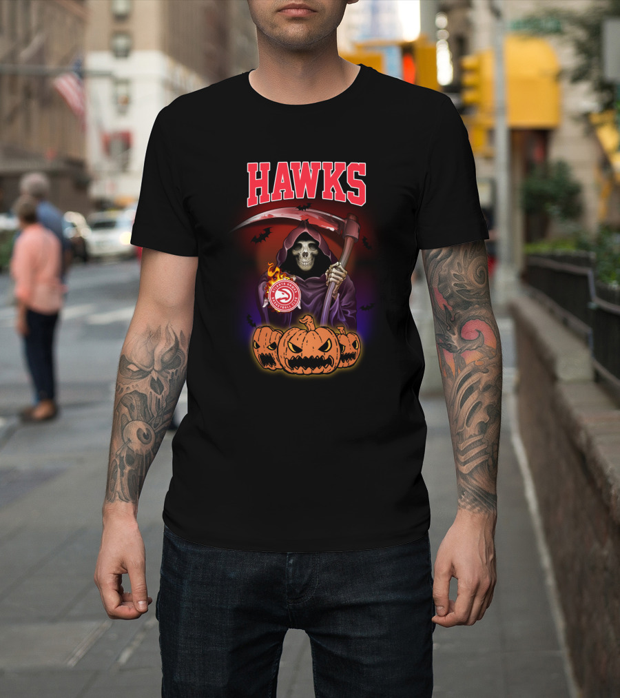 Atlanta Hawks Grim Reaper Halloween Skull Pumpkins T-Shirt