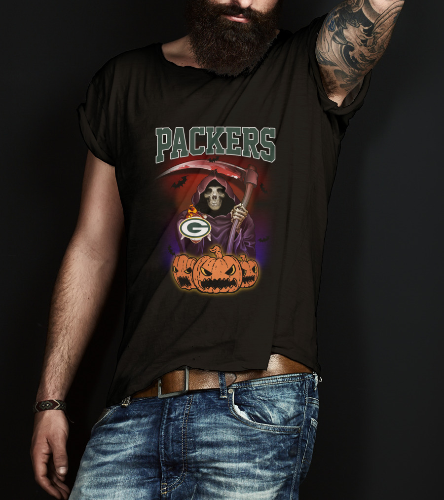 Packers Grim Reaper Holding Scythe With Pumpkins And Green Bay Logo Halloween T-Shirt