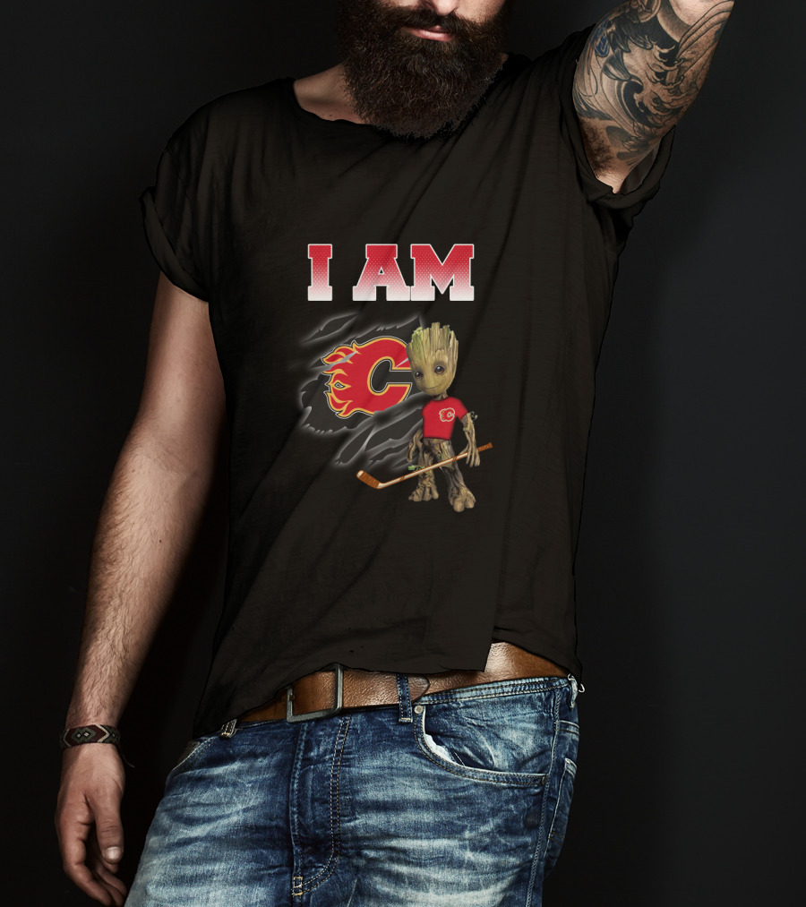 I Am Calgary Flames Groot With Hockey Stick And Flames T-Shirt
