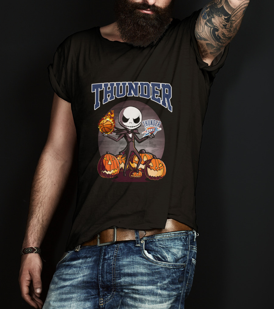 Thunder Jack Skellington Halloween Oklahoma City Thunder Basketball Pumpkins T-Shirt