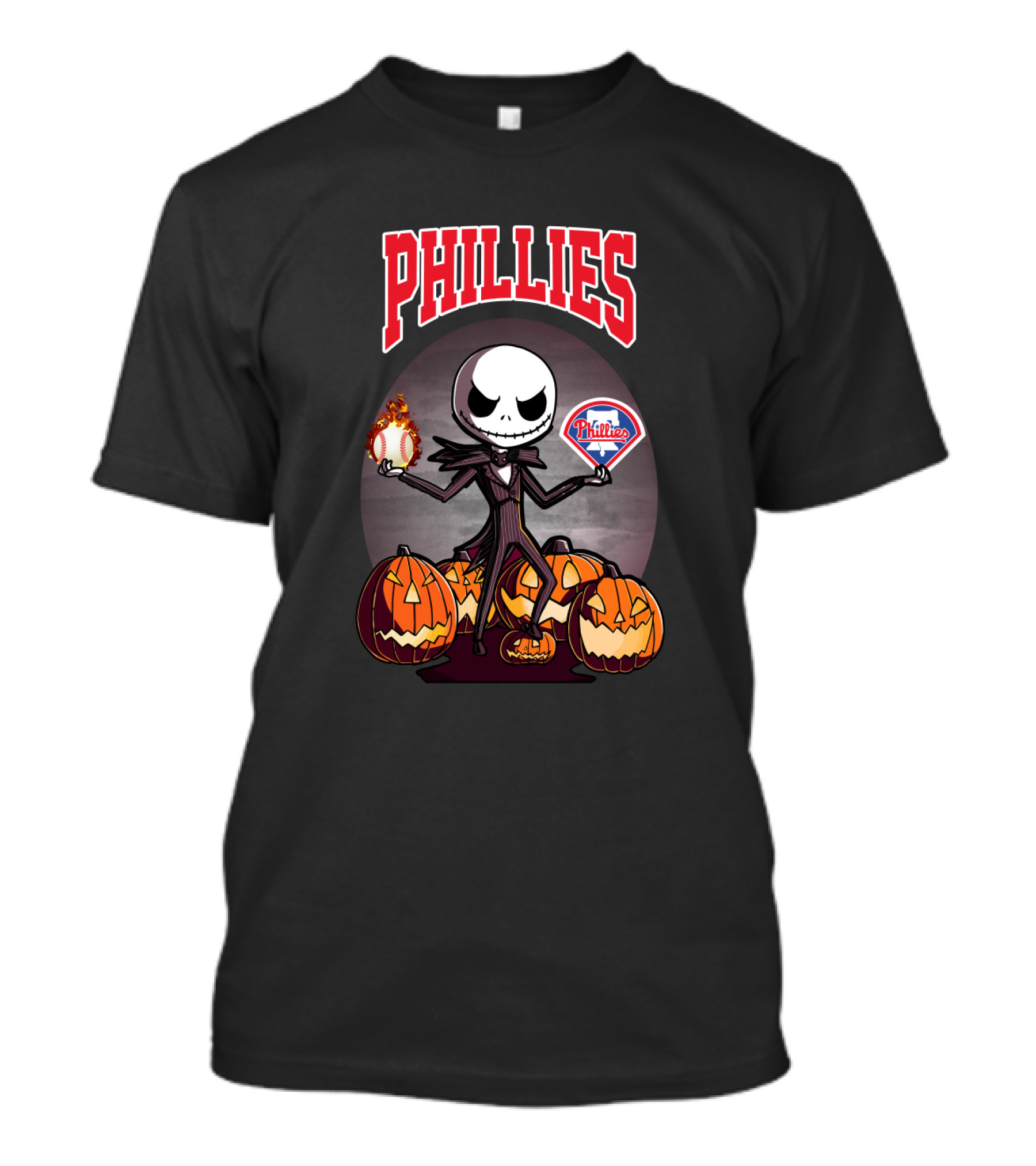 Phillies Jack Skellington Halloween With Pumpkins And Baseball T-Shirt