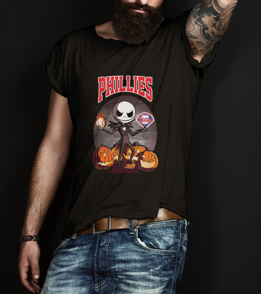 Phillies Jack Skellington Halloween With Pumpkins And Baseball T-Shirt