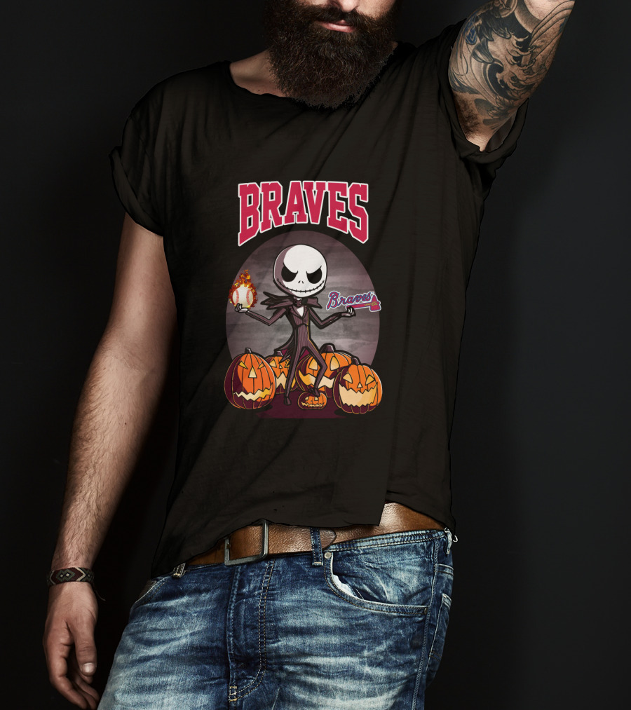 Braves Jack Skellington Halloween Pumpkins With Flaming Baseball T-Shirt