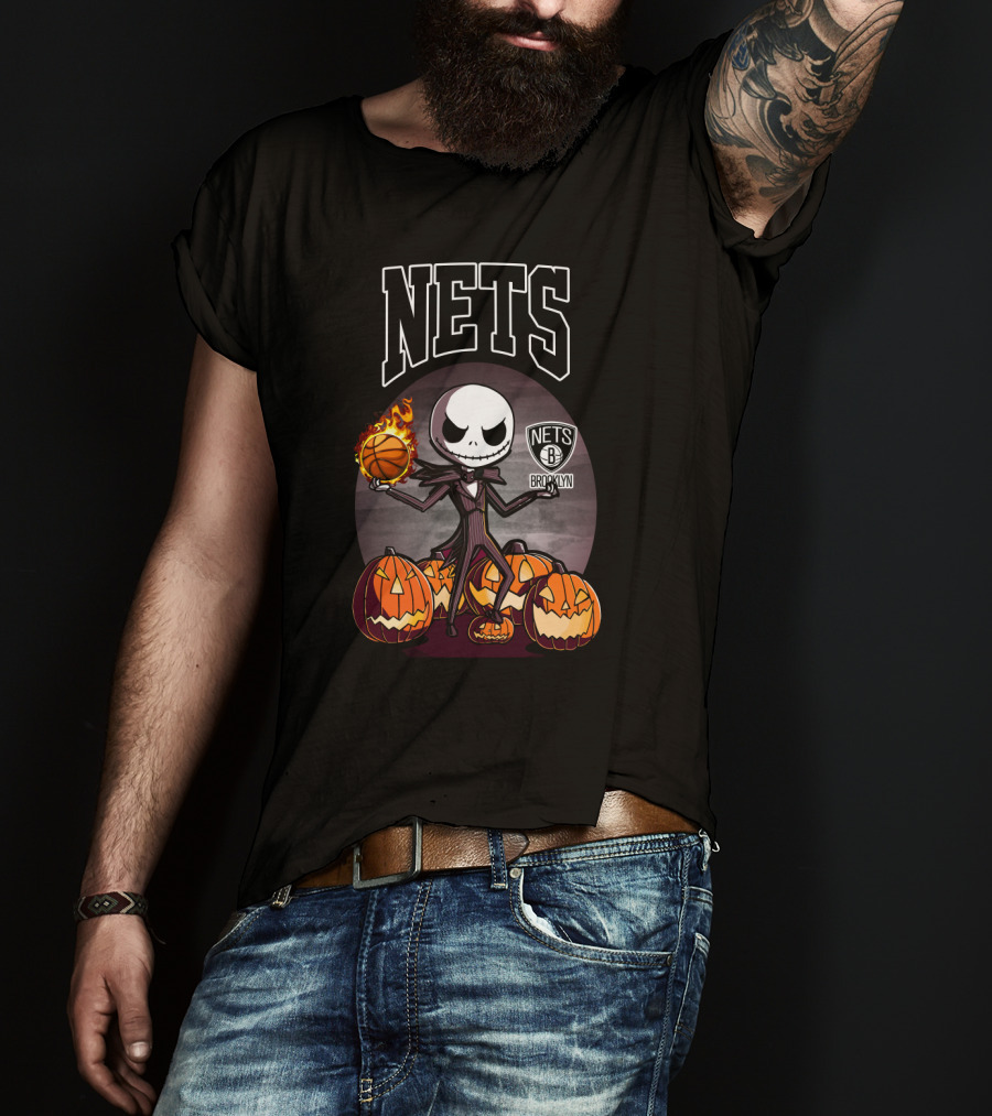 Jack Skellington Brooklyn Nets Halloween Pumpkins Basketball T-Shirt