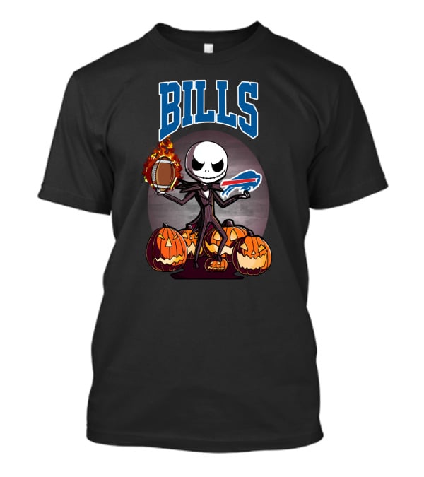 Jack Skellington Buffalo Bills Halloween Pumpkins Football And Flames T-Shirt