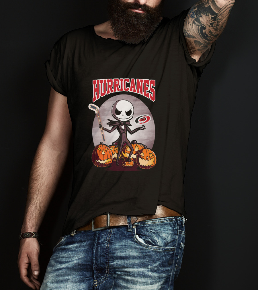 Jack Skellington Carolina Hurricanes Halloween Hockey Pumpkins T-Shirt