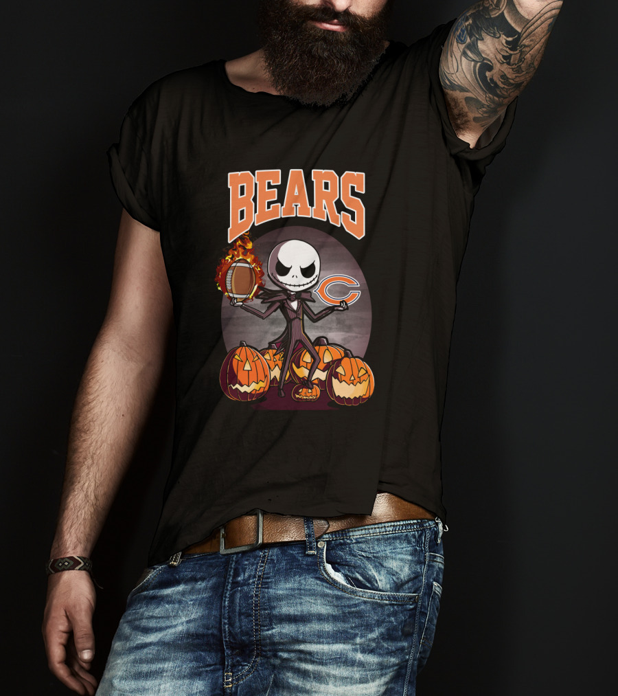 Bears Jack Skellington Halloween Chicago Football Theme With Pumpkins T-Shirt