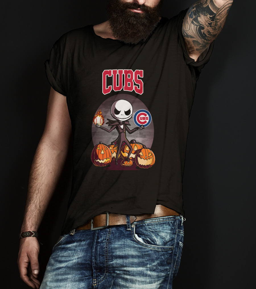Cubs Jack Skellington Halloween Pumpkin Flame Baseball T-Shirt