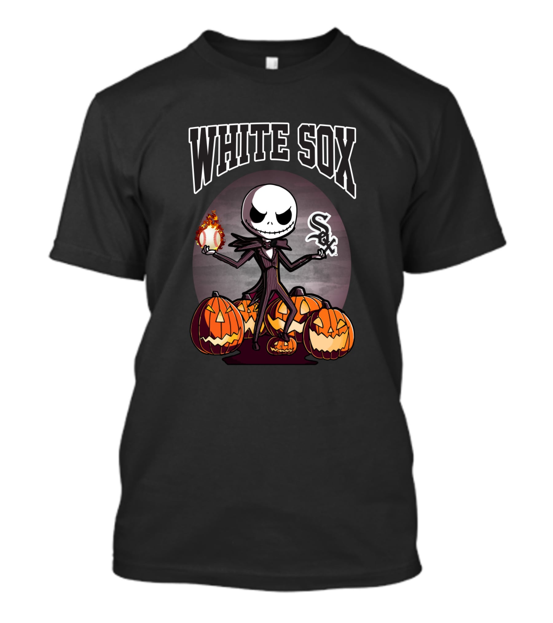 White Sox Halloween Jack Skellington Holding Baseball Surrounded By Pumpkins T-Shirt
