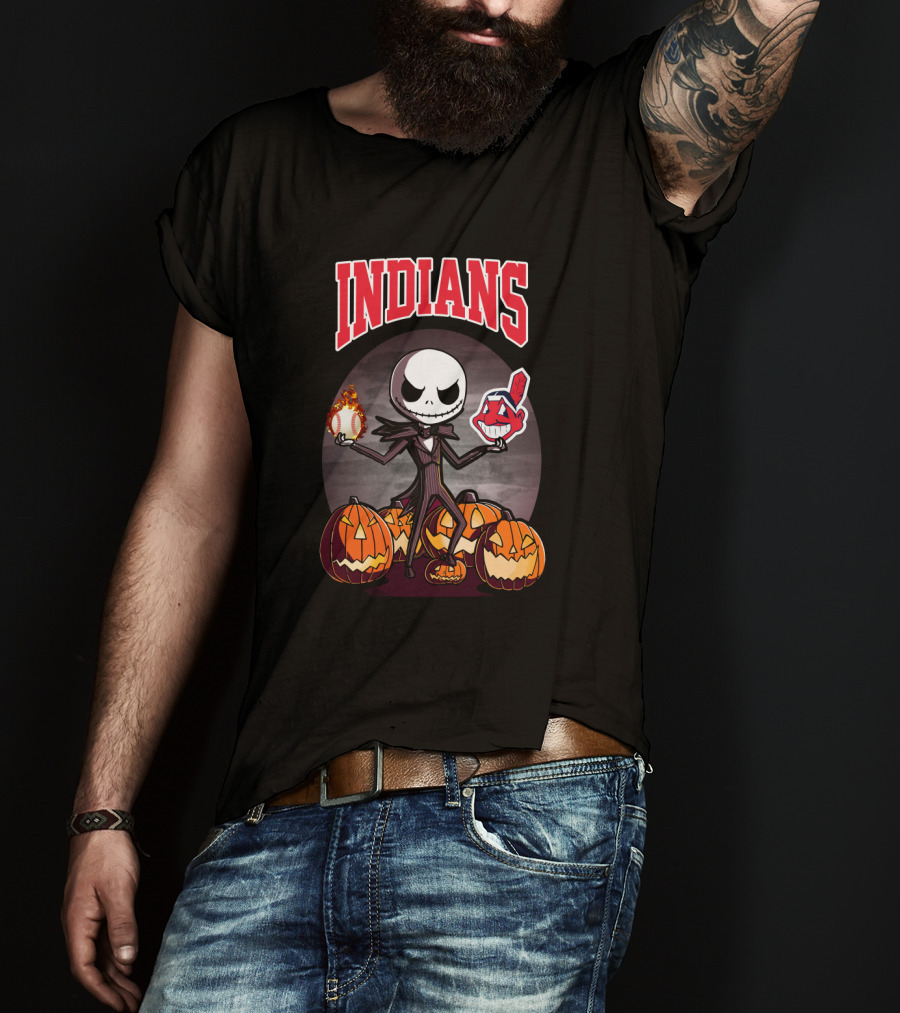 Indians Jack Skellington Halloween Baseball Mashup Pumpkins T-Shirt