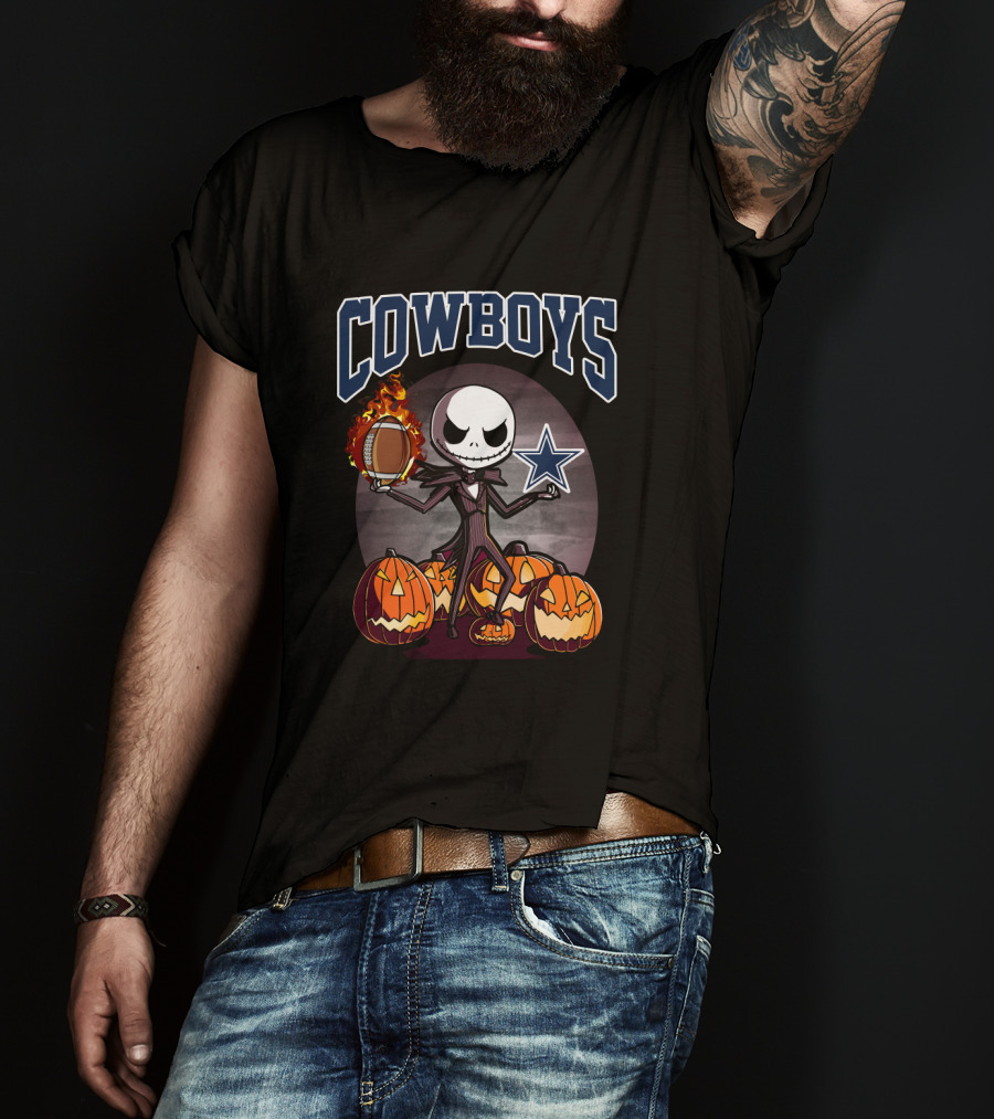 Jack Skellington Holding Flaming Football Surrounded By Pumpkins Dallas Cowboys T-Shirt