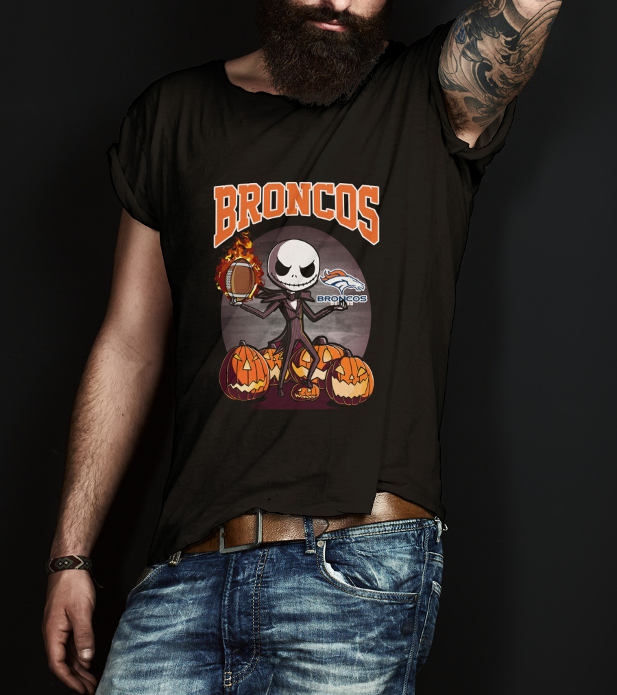 Broncos Jack Skellington Halloween Football Pumpkins T-Shirt