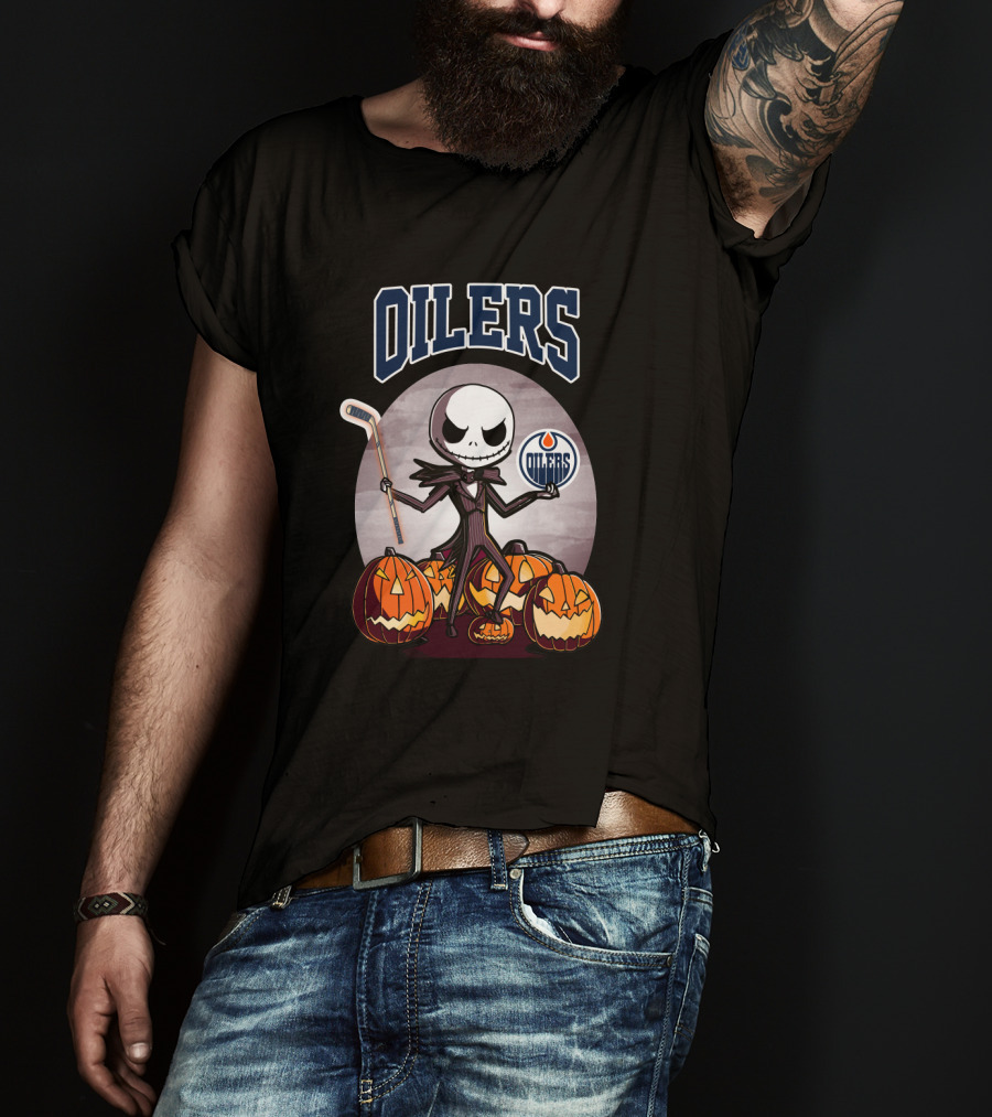 Oilers Jack Skellington Halloween Edmonton Oilers Hockey Pumpkin T-Shirt