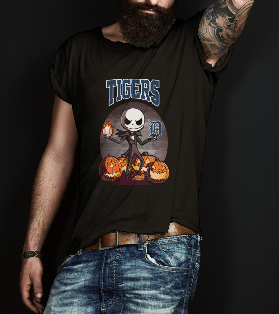 Tigers Jack Skellington Halloween Detroit Baseball Pumpkins Iconic T-Shirt