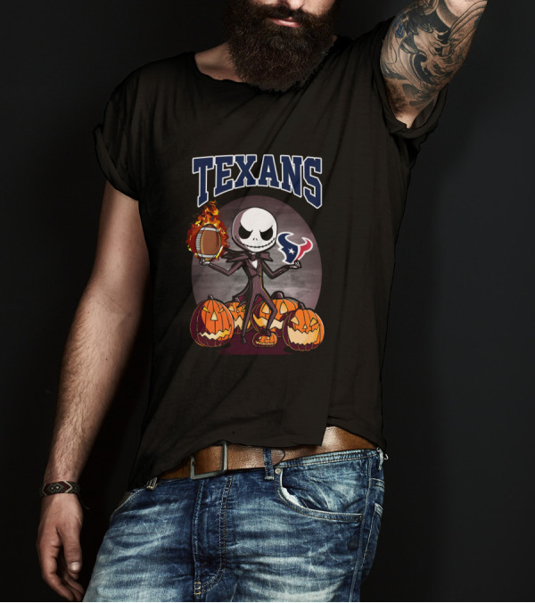 Jack Skellington Halloween Texans Football Theme With Pumpkins T-Shirt