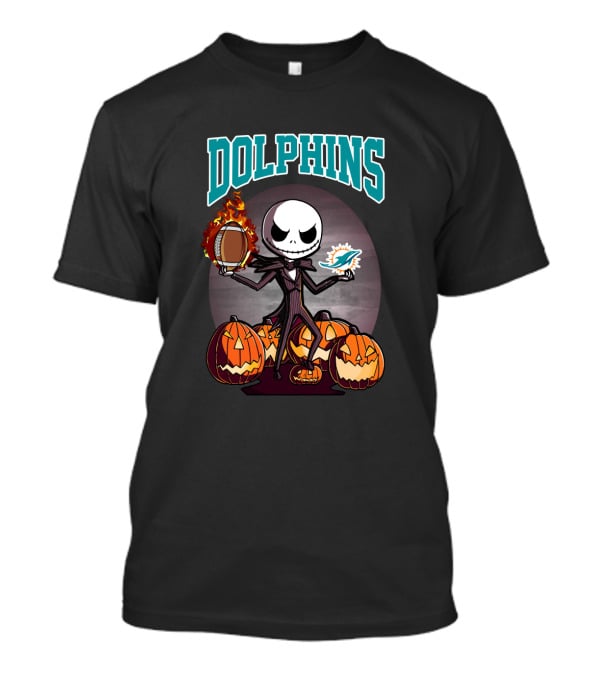 Miami Dolphins Jack Skellington Halloween Pumpkin Football Scene T-Shirt