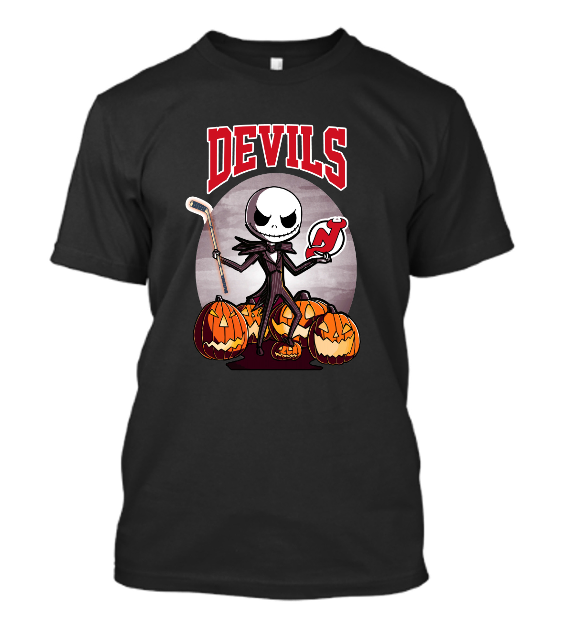 Jack Skellington New Jersey Devils Halloween Hockey Icon With Pumpkins T-Shirt