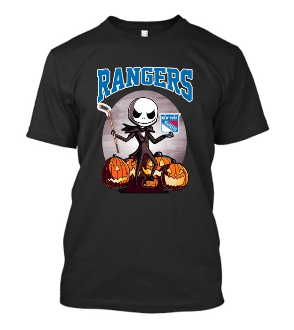 New York Rangers Jack Skellington Halloween Holding Hockey Stick With Pumpkins T-Shirt