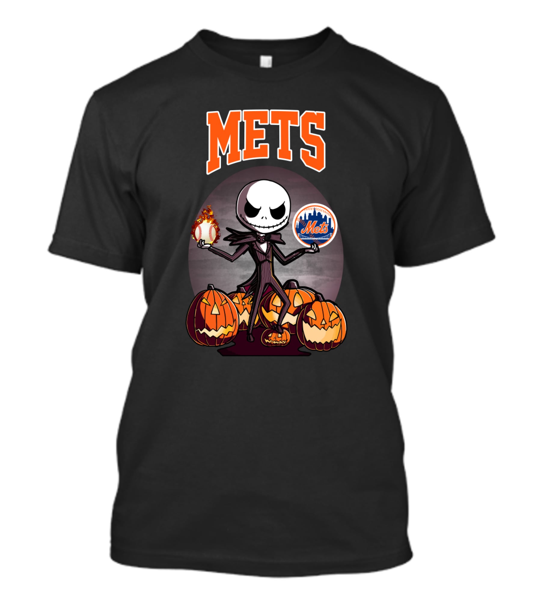 Jack Skellington Halloween New York Mets Pumpkin Baseball T-Shirt
