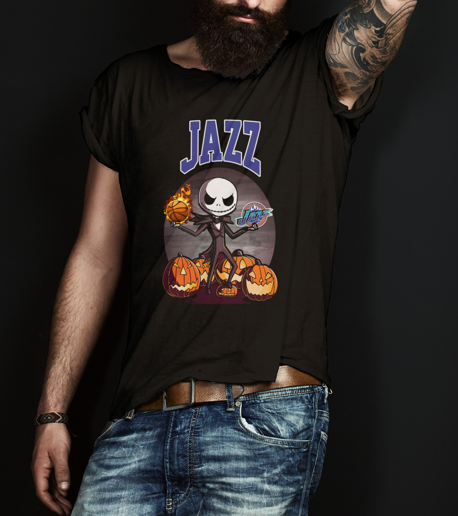 Jack Skellington Halloween Utah Jazz Logo Pumpkins Basketball Flamethrower Dual Image T-Shirt