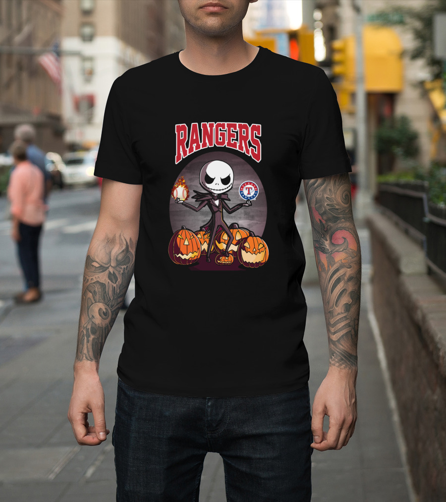 Rangers Jack Skellington Halloween With Texas Baseball Pumpkins T-Shirt