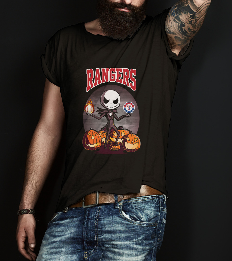 Rangers Jack Skellington Halloween With Texas Baseball Pumpkins T-Shirt