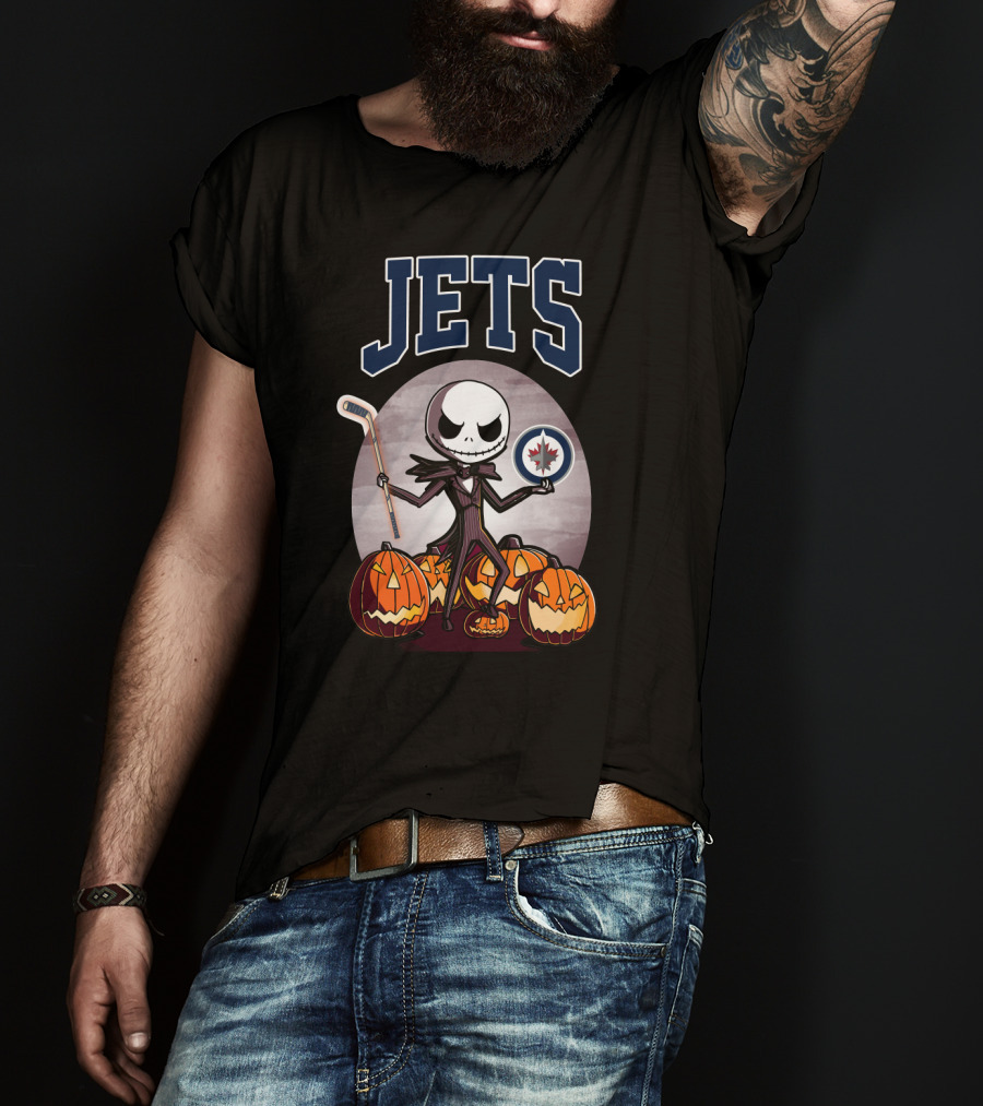 Jack Skellington Halloween Winnipeg Jets Hockey And Pumpkins T-Shirt