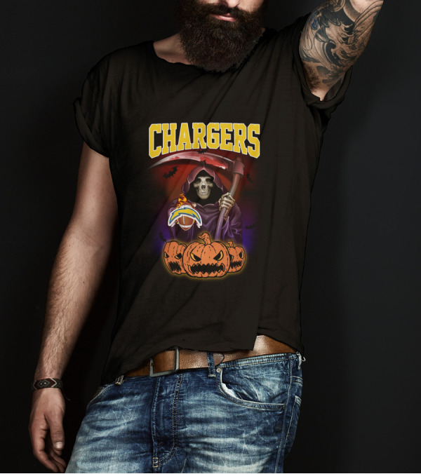 Chargers Grim Reaper With Pumpkins And Football Halloween T-Shirt