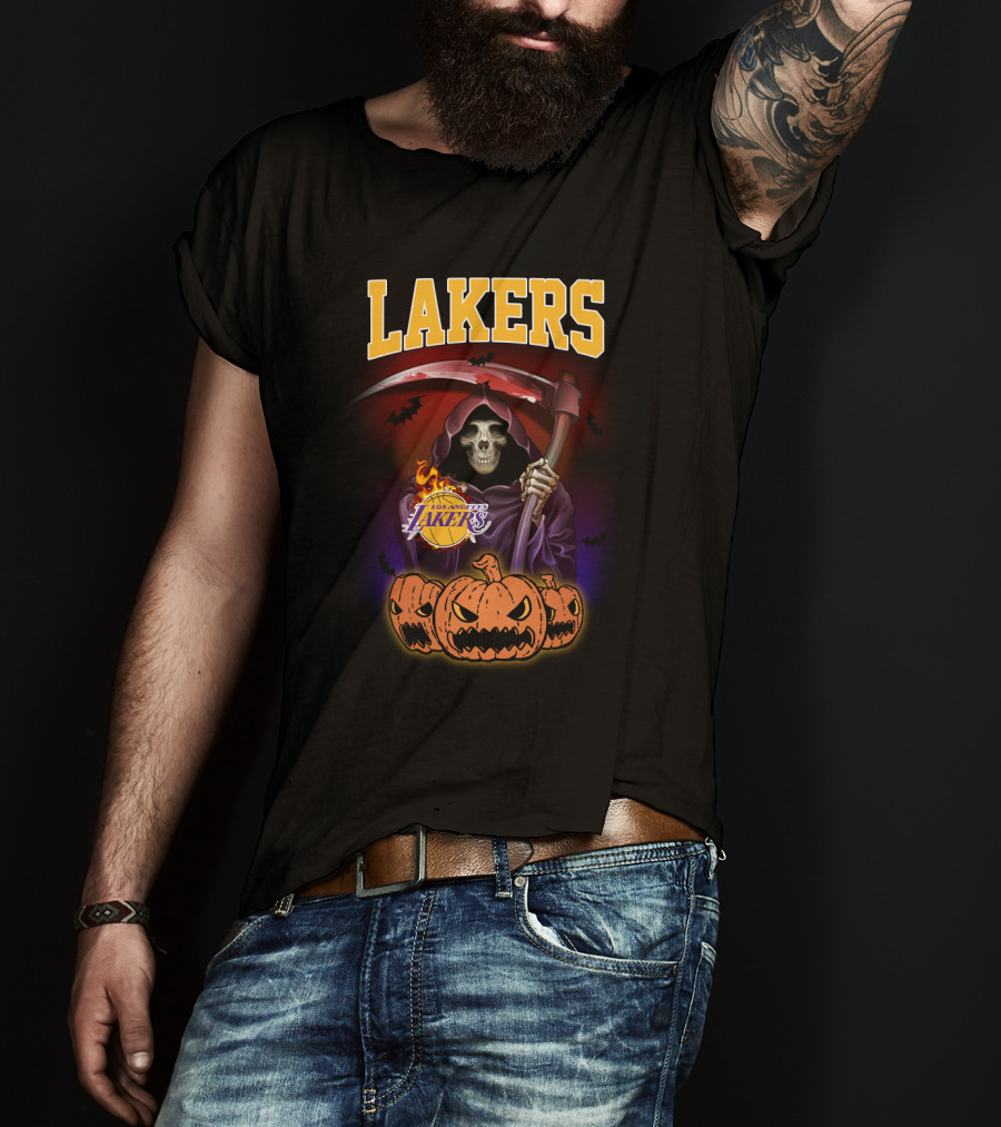Los Angeles Lakers Reaper Skeleton With Pumpkins Halloween T-Shirt