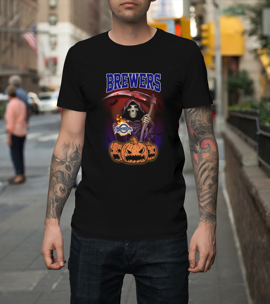 Brewers Halloween Reaper And Pumpkins With Milwaukee Brewers T-Shirt