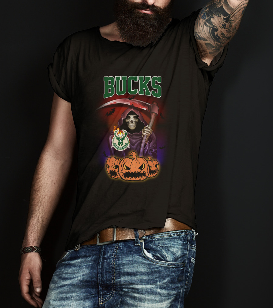 Milwaukee Bucks Reaper Skull With Scythe And Pumpkins T-Shirt