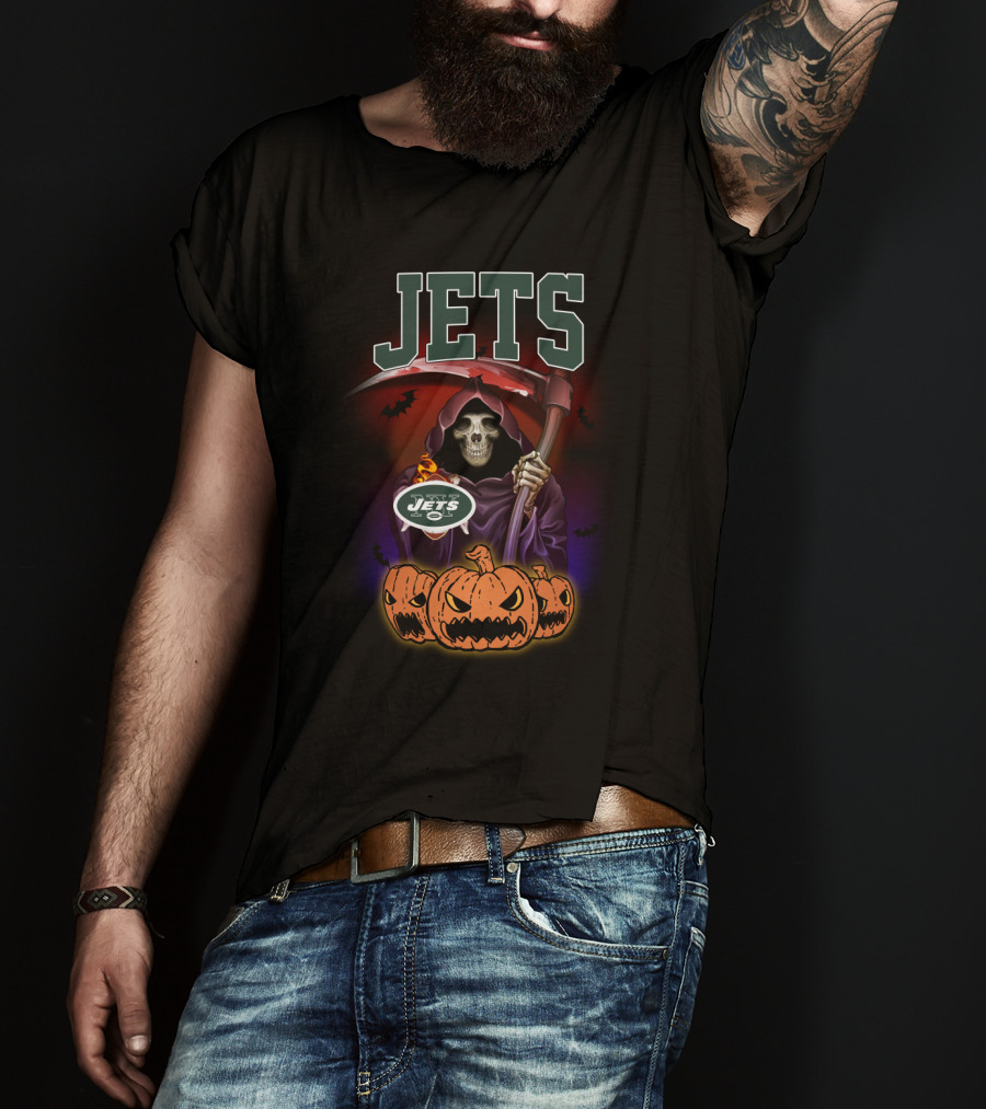 New York Jets Grim Reaper Halloween Theme With Pumpkins T-Shirt