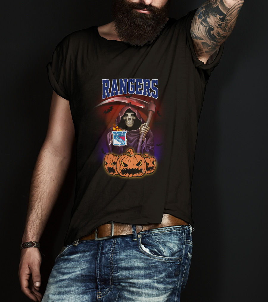 Rangers Grim Reaper Holding Scythe With New York Rangers Logo And Halloween Pumpkins T-Shirt