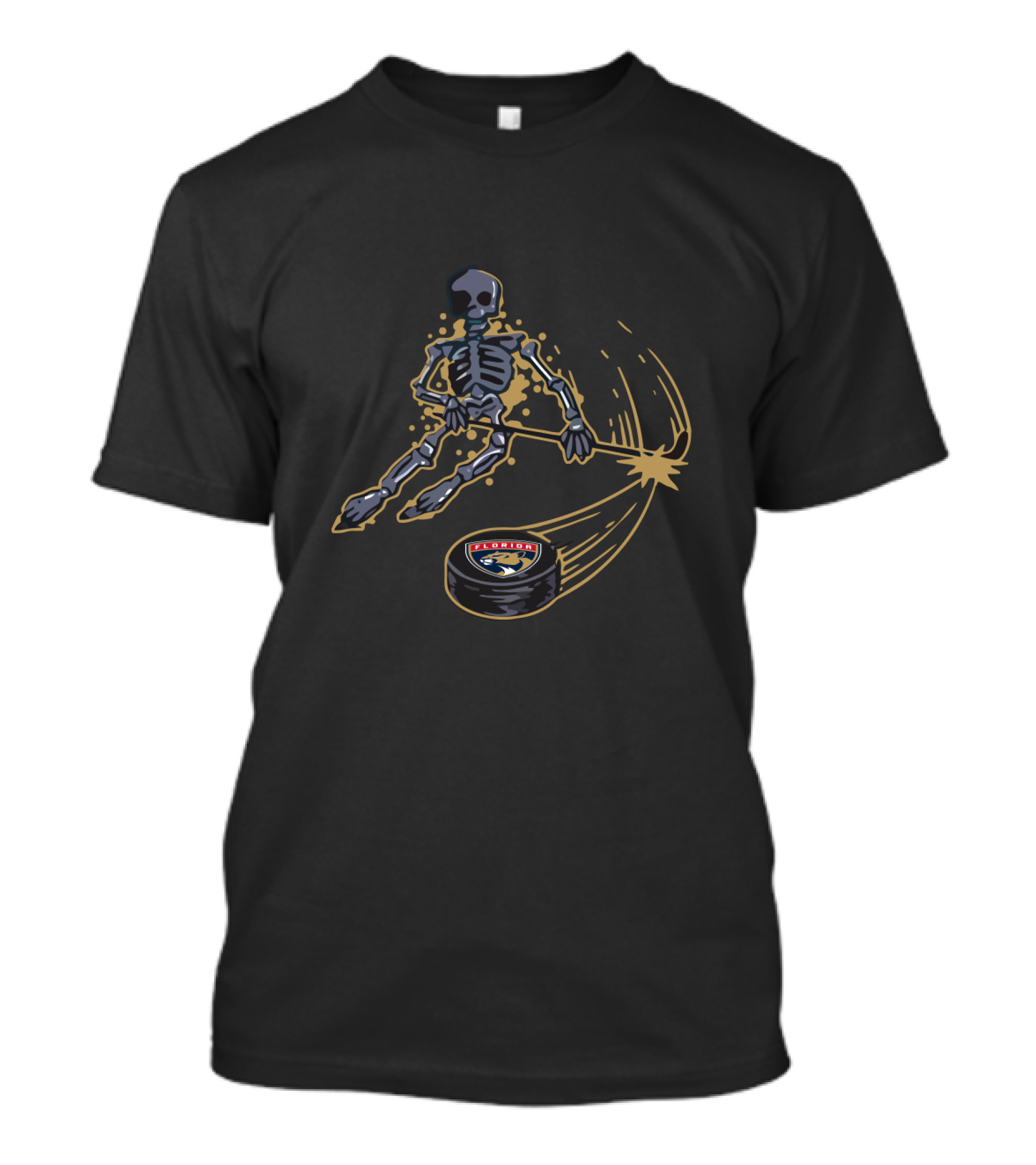 Skeleton Playing Ice Hockey With Florida Panthers Logo Puck T-Shirt