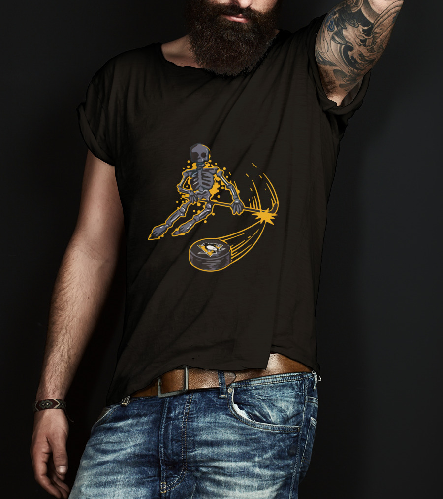 Pittsburgh Penguins Skeleton Playing Ice Hockey With Logo Puck T-Shirt