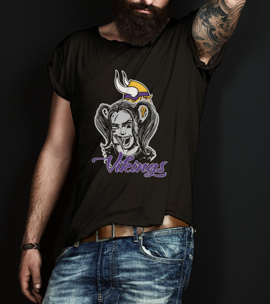 Harley Quinn Smiling With Minnesota Vikings Logo And Vikings T-Shirt