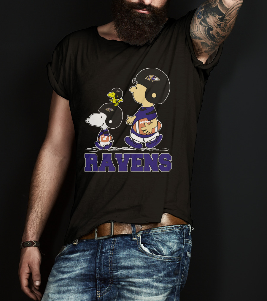 Snoopy And Friends With Baltimore Ravens Football Helmets And Jerseys T-Shirt