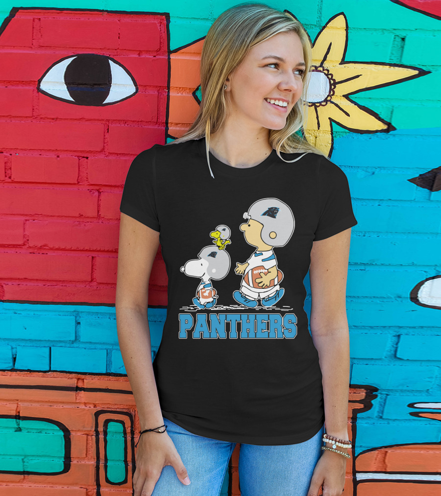 Snoopy And Woodstock With Carolina Panthers Football Helmets T-Shirt