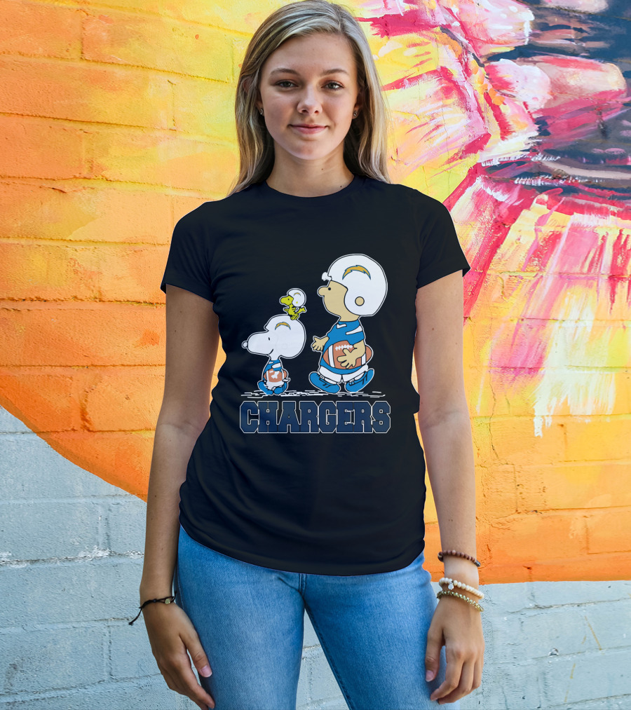 Snoopy And Woodstock With Los Angeles Chargers Football Helmets And Jersey T-Shirt