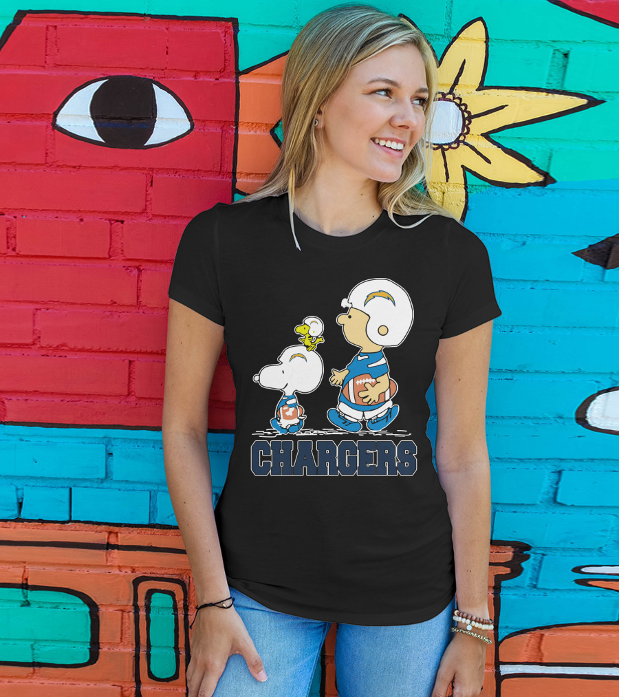 Snoopy And Woodstock With Los Angeles Chargers Football Helmets And Jersey T-Shirt