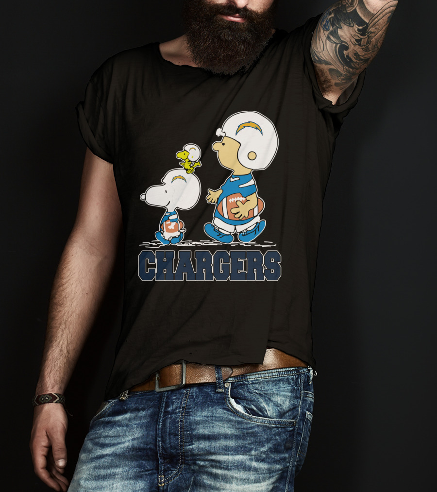 Snoopy And Woodstock With Los Angeles Chargers Football Helmets And Jersey T-Shirt