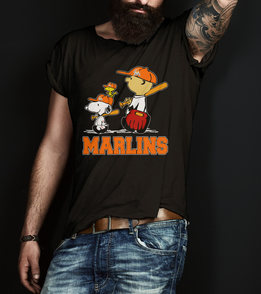 Marlins Snoopy Woodstock And Charlie Brown Baseball Fans T-Shirt