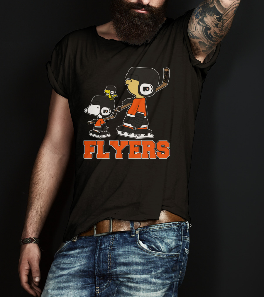 Snoopy And Woodstock In Philadelphia Flyers Hockey Gear With Flyers T-Shirt