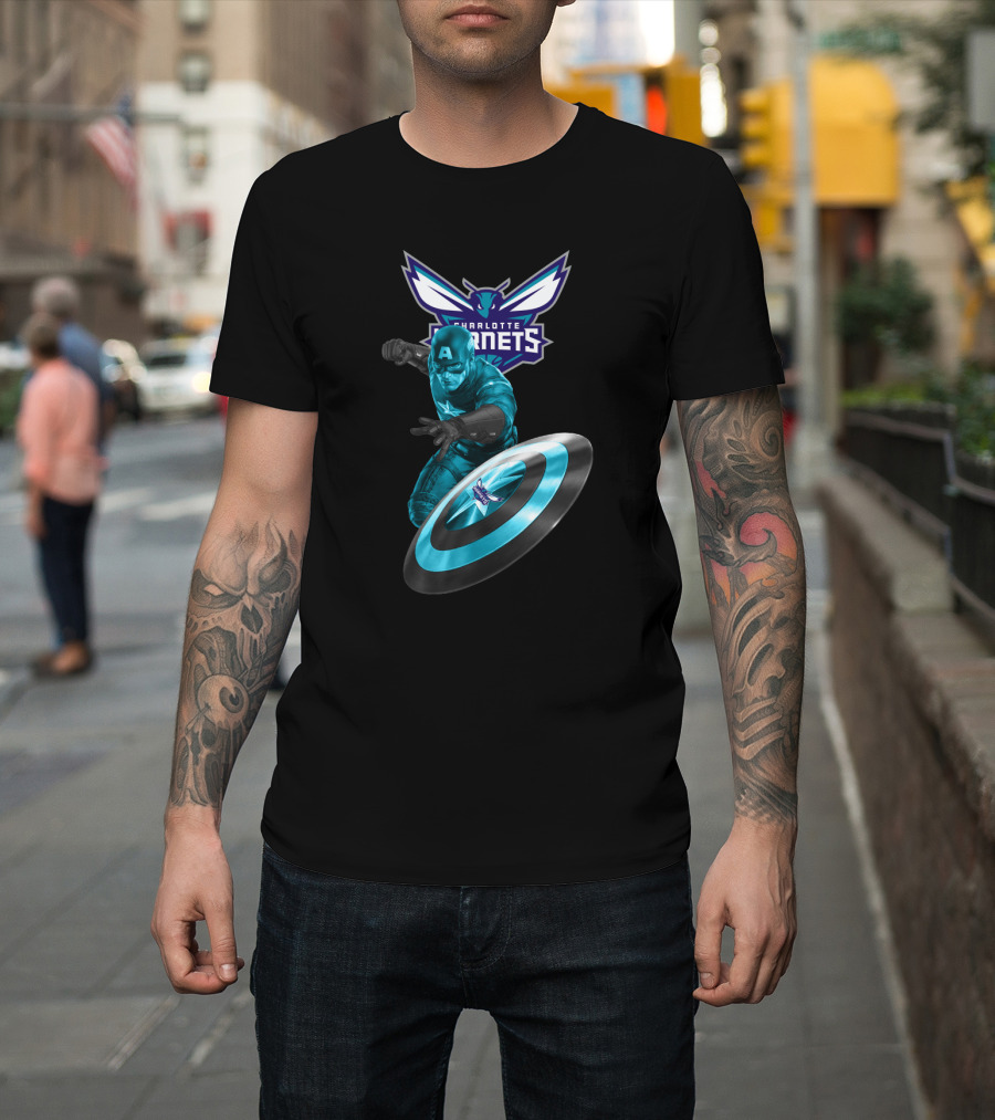 Charlotte Hornets Captain America Crossover Shield T-Shirt