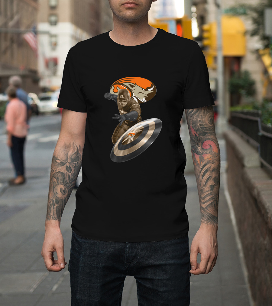 Cleveland Browns Captain America Browns Logo Shield T-Shirt