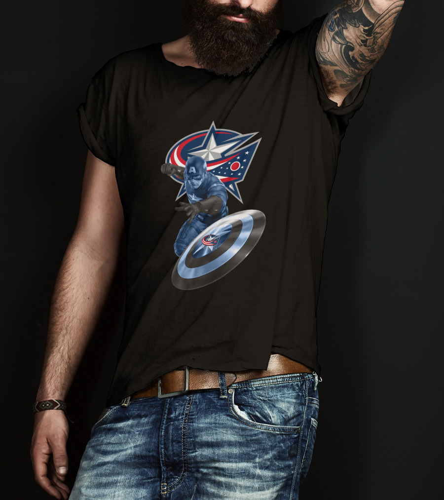 Columbus Blue Jackets Logo With Captain America Shield Iconic Crossover T-Shirt